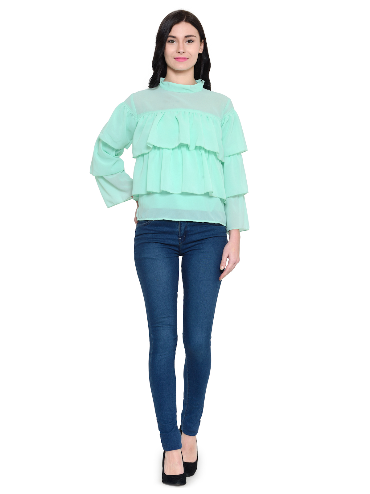 Cool Aqua Green Frilled long sleeves top